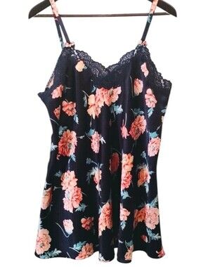 Linda Vintage 80's Floral Lace-Trim Navy Cami Top